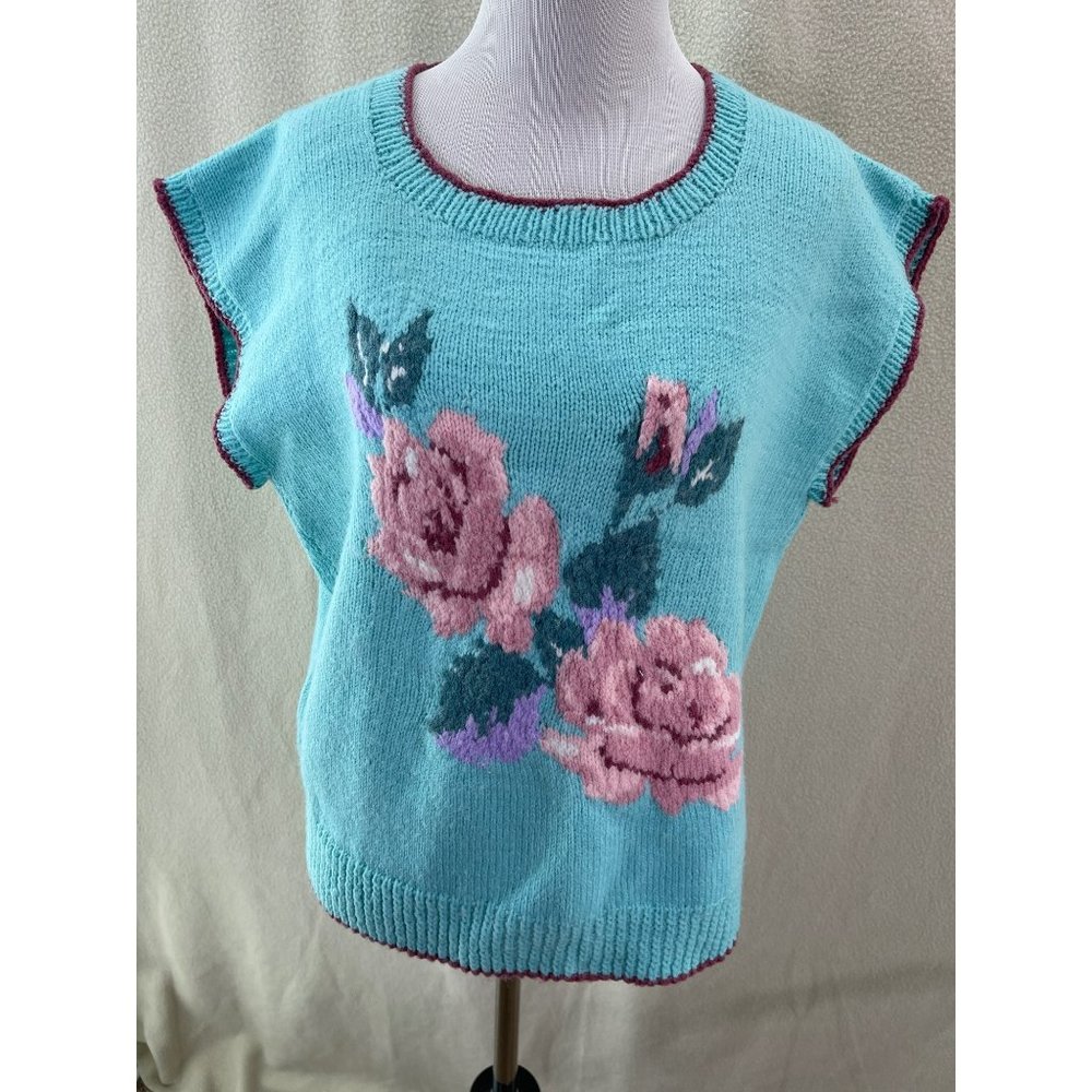 Handcrafted Hand Knitted Tiffany Blue Floral Front Design Sleeveless Sweater